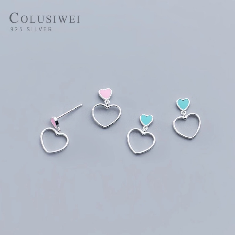 Pink or blue heart silver drop earrings.